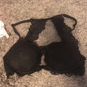 Black lacy racerback bra